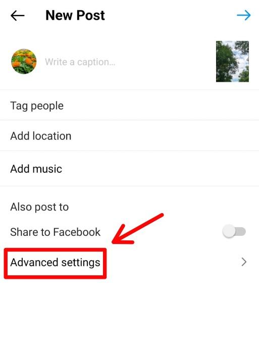 advanced settings option on instagram