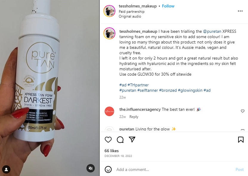 pure tan's tanning foam x tess holmes influencer insta collaboration post