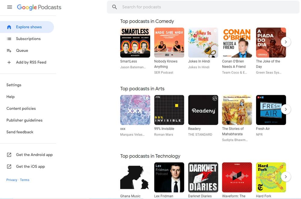 google podcasts explore shows page