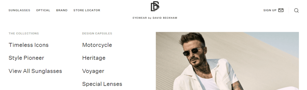 eyewear by david beckham home page on their shopify website