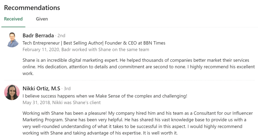 linkedin recommendation sample or example