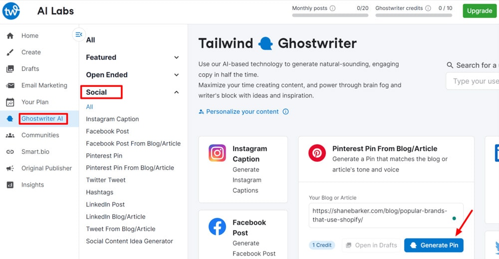 tailwind ghostwriter creating post using article link