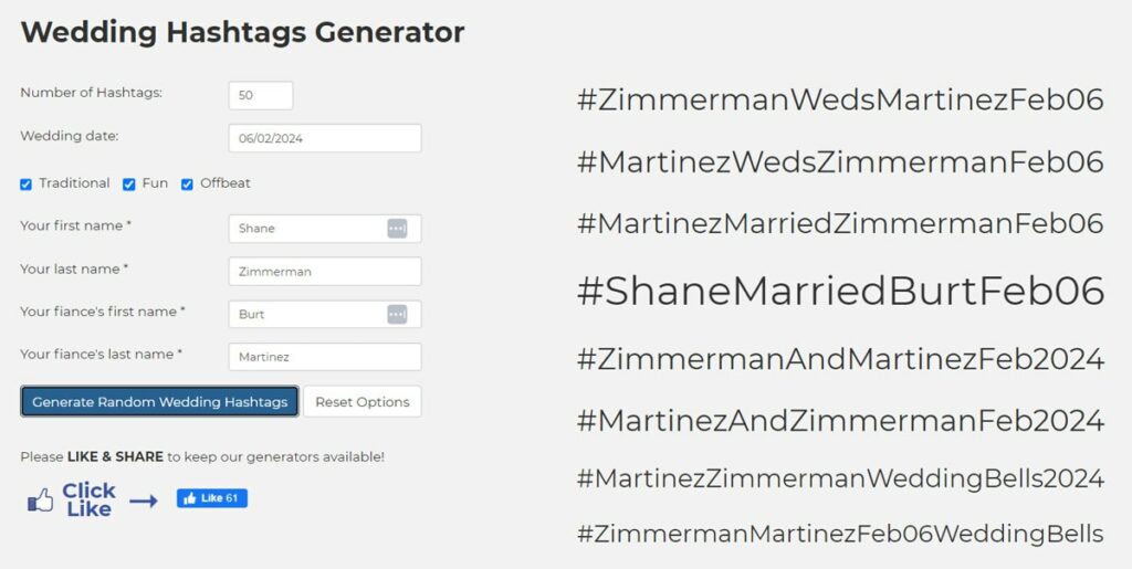 random word generator wedding hashtag generator results