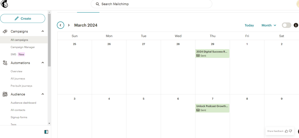 mailchimp calendar view of email campaigns