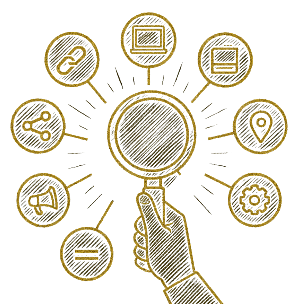 A hand holds a magnifying glass surrounded by icons, including a laptop, location pin, gear, share symbol, link, megaphone, and equals sign, representing analysis and connectivity.