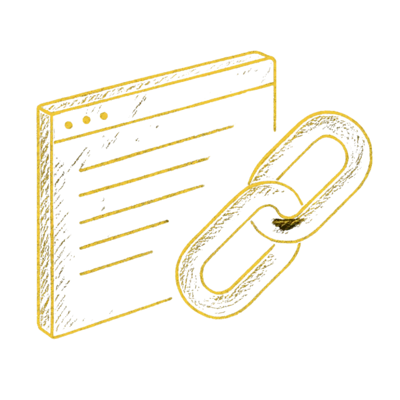 A yellow, textured illustration of a web browser window with horizontal lines representing text, and a large chain link icon overlapping the window, symbolizing a hyperlink or internet connection.