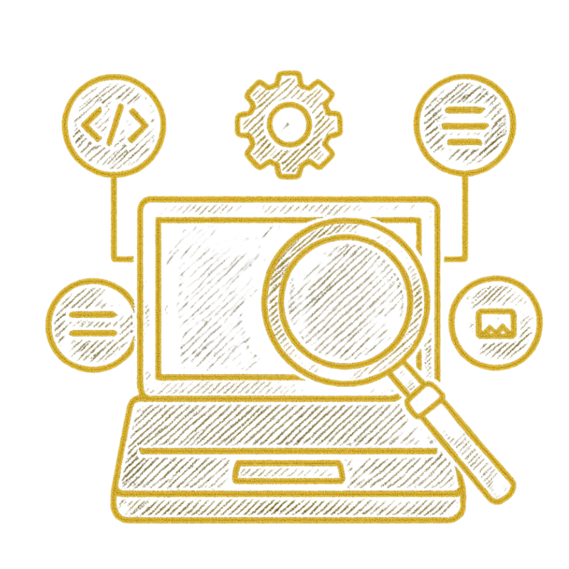 A yellow sketch-style illustration of a laptop with a magnifying glass in front of the screen, surrounded by icons including code brackets, a gear, lines of text, and a rectangular button.