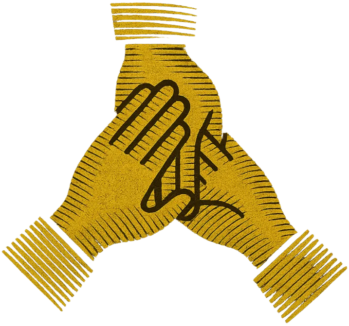 Three yellow hands overlap each other in a triangle formation, symbolizing teamwork, unity, or collaboration. The hands are textured with black lines and appear to be stylized illustrations.