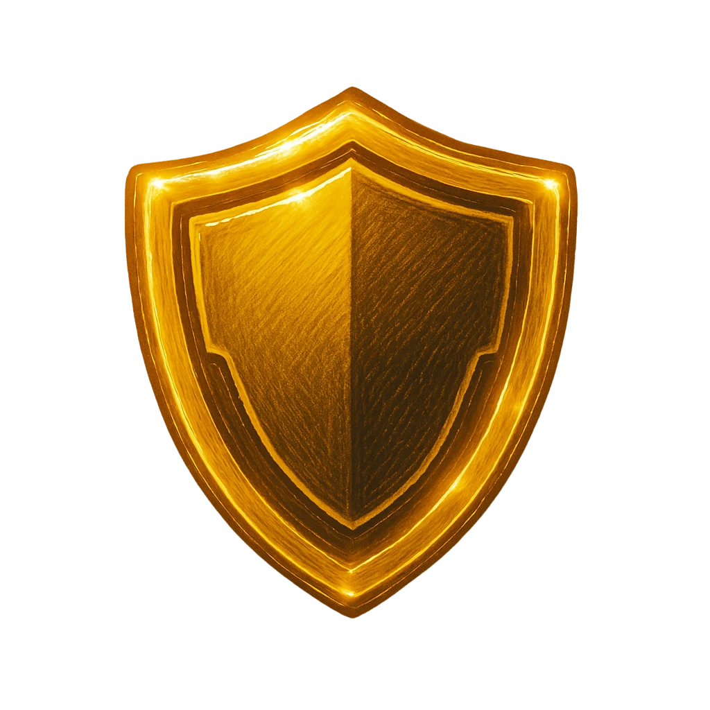 A shiny golden shield with a reflective surface, outlined and detailed to show depth, on a plain white background.